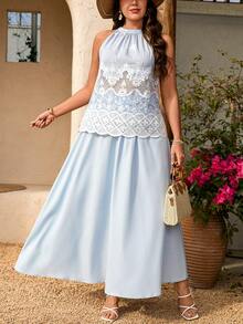 Breezaya Conjunto de 2 peças com Blusa de Decote Halter e Saia, Estilo Elegante de Férias com Bordado e Renda, Adequado para Primavera/Verão, Volta às Aulas, Férias, Formatura, Dia dos Namorados, Natal, Festival de Música, Dia das Mães, Halloween, Ação de Graças, Páscoa, Dia Nacional, Baile de Formatura, Aniversário, Encontro, Casamento, Atividades ao Ar Livre - Azul - Visão 3