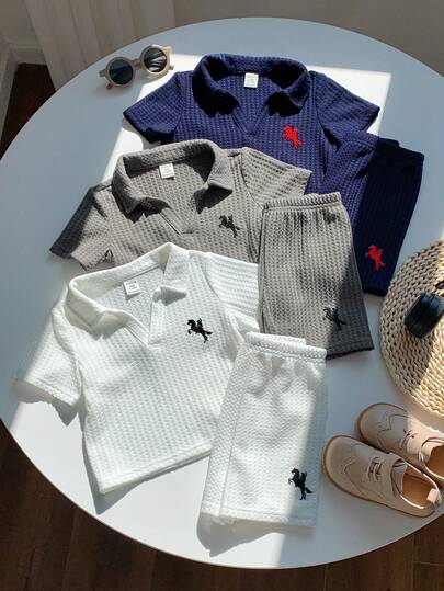 SHEIN 6pcs/Set Unisex Baby Boy/Girl Casual Daily Knit Shirt Set, Polo Collar Short Sleeve Knit Top And Shorts Set, Spring/Summer Baby Boy Clothes, Outfits Baby Boy Collared Shirt And Shorts Set Baby Boy Clothes Polo Summer Wear For Boys