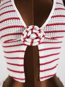 SaltGleam SaltGleam 女士性感深V领系带超低腰条纹迷你短裤两件套，夏季度假 - 彩色 - 查看 3