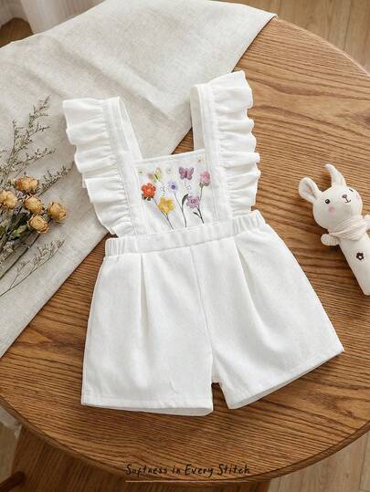 Cozy Pixies Baby Girl Cute Casual White Ruffled Waist Romper, Solid Color Versatile Square Neck Sleeveless Floral Print Jumpsuit For Summer Summer Romper For Baby Girl Toddler White Romper White Baby Girl Romper Baby Ruffle Jumpsuit Floral Embroidery Baby Bodysuit