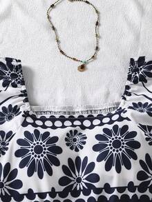 Sparklyn 少女碎花方领泡泡袖连体衣 - 藍色 - 查看 4