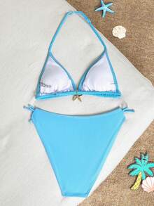 SHEIN Teen Girl Blue Halter Neck Bikini Set, Suitable For Spring/Summer Vacation - Blue - View 6