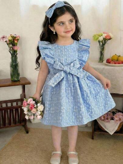 LMoss Kids Baby Girl Woven Jacquard Bow Decor Cute Flutter Sleeve Dress