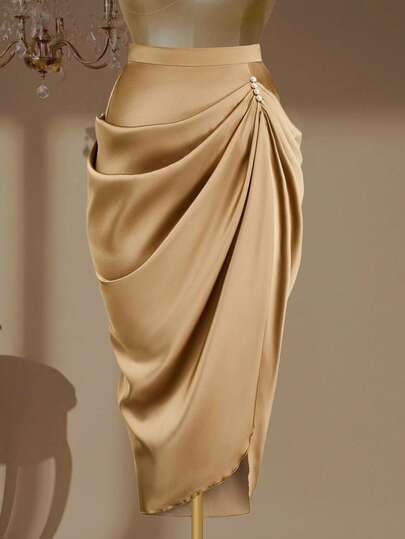 GlowEve CURVE Plus Size Elegant Solid Color Asymmetric Ruched Skirt, Summer