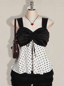 SHEIN ICON 大码女式缎面拼接黑白波点吊带背心 - 黑與白 - 查看 13