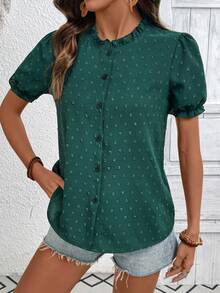 SHEIN LUNE Women's Casual Cutout Petal Sleeve Collared Blouse For Summer - Dark Green - View 6