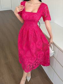 DAZY Women's Elegant Lace Square Collar Mid-Length Dress, Summer - Hot Pink - View 6