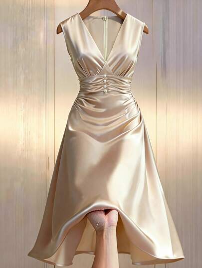 Franclia Women's Solid Color Deep V-Neck Ruched Waist Elegant Short Dress, Suitable For Dates And Parties