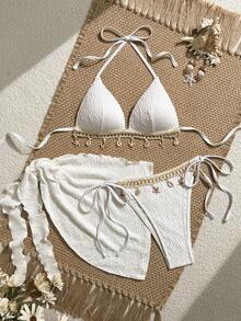 Swim Vcay 2026 neuestes Design mit weißem strukturiertem Stoff, Muschel- und Seestern-Verzierung und passendem seitlich gebundenem Bikinihose und Rock, eleganter Strandparty-Urlaubsstil Damen 3-teiliges Bikini-Badeanzug-Set - Weiss - Übersicht 1