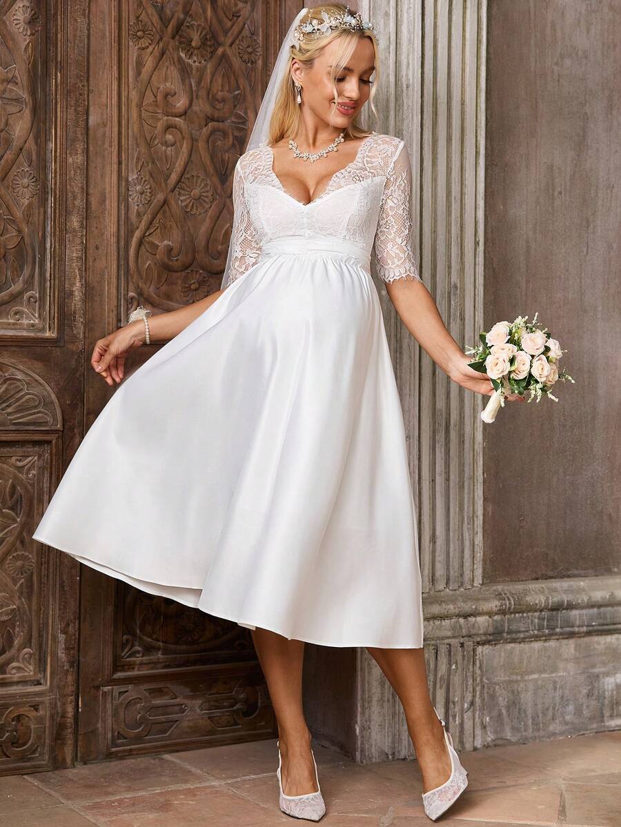 SHEIN Đầm bầu ren xòe thanh lịch, thoải mái, thích hợp cho kỳ nghỉ lãng mạn. - trắng - Xem 1