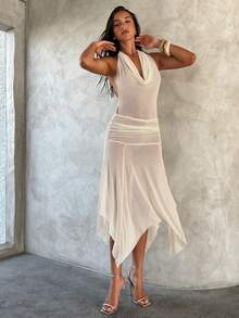 Aloruh Women's Summer Casual Sexy White Beach Vacation Dress, Elegant Sheer Deep V Backless Asymmetric Hem Coverup, Ladies Resort Dinner Party Wear Outfits - Apricot - View 9