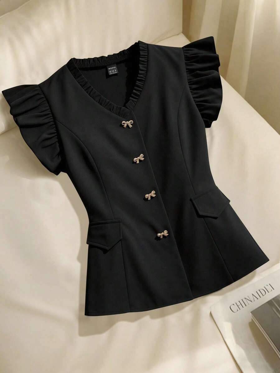 GlowEve 女士黑色荷叶边V领休闲优雅金色蝴蝶结单排扣衬衫，适合派对和日常穿着 - 黑色 - 查看 1