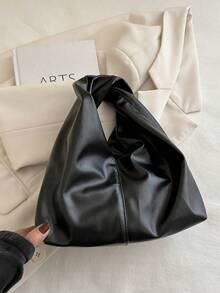 Fashionable Versatile Solid Color New PU Leather Shoulder Bag, Casual Minimalist Baguette Small Purse For Women - Black - View 5