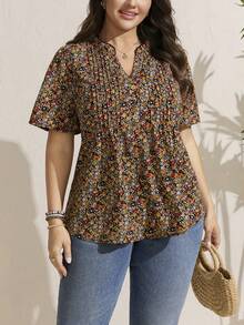 Comfylo Blus Lengan Mengembang Motif Bunga Kecil Kasual untuk Wanita Ukuran Besar, Cocok untuk Liburan Musim Panas dan Sopan - MultiWarna - View 3