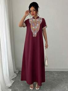 Rafferiza 撞色刺绣立领水钻装饰宽松女式长裙 - 酒紅色 - 查看 7