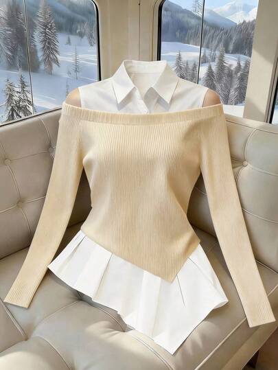 Franclia 经典黑白撞色二合一露肩长袖上衣，简约时尚