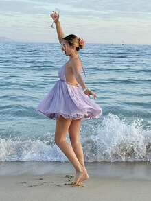 MainGRL Women's Backless Flowy A-Line Deep V-Neck Dress, Vacation, Casual, Date, Daily Wear, Spring/Summer - Green - View 8