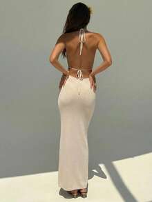 Aloruh Vestido de verano/primavera con cuello en V, espalda descubierta y tirantes con lazo, de punto y ganchillo, para vacaciones - Albaricoque - Ver 3