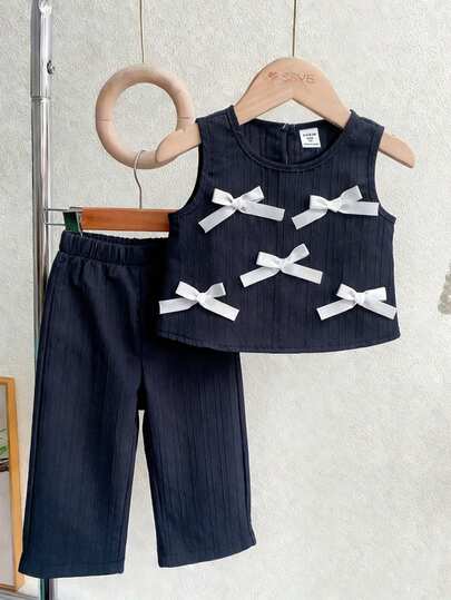 Elladie kids 2件套女童时尚可爱3D蝴蝶结无袖上衣和七分裤套装，适合日常穿着、度假和外出，春夏新款