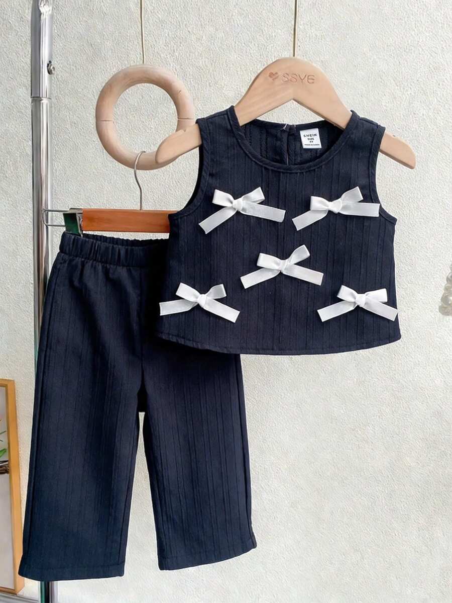 Elladie kids 2件套女童时尚可爱3D蝴蝶结无袖上衣和七分裤套装，适合日常穿着、度假和外出，春夏新款 - 藏蓝色 - 查看 1