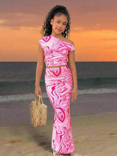 Sparklyn Tween Girls' Spring/Summer Beach Vacation Pink Marble Pattern Sleeveless Crop Top + Fitted Skirt 2-Piece Set