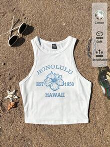 Tseoso 休闲简约圆领芙蓉花、英文字母和数字印花刺绣图案紧身背心，适合夏季、度假、海滩、音乐节、外出、旅行、搭配、时尚、居家穿着。 - 白色 - 查看 5