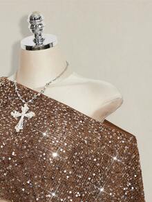 SHEIN ICON Women's Sequin Shoulder Cut Short Casual Versatile Daily Wear Top,Summer Top - Brown - View 11