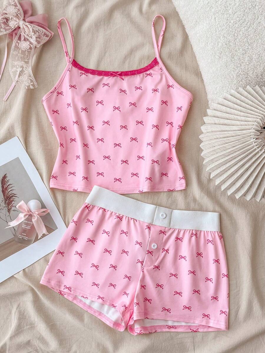 Teen Girls Spring & Summer Valentine's Day, Home, Clean Girl/American BM Style, Lace Ruffle Bow Pink Bow Camisole And Shorts Button Set - Pink - View 1
