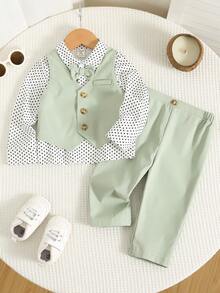SHEIN 男婴优雅绅士套装，3件套，包括白色波点长袖Polo衫、浅绿色背心和裤子，适合复活节、婚礼、洗礼、一周岁生日、婴儿派对等场合。 - 綠色 - 查看 3