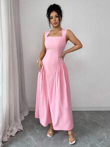 Elenzga 优雅无袖A字连衣裙，腰部褶皱设计，裙摆呈喇叭形，适合休闲、派对、度假、婚礼等各种场合，时尚粉色连衣裙 - 粉色 - 查看 6