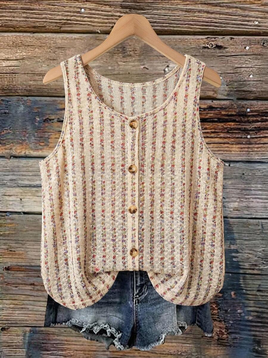 SHEIN VCAY 波西米亚风彩色镂空钩针无袖背心，宽松休闲针织背心，度假必备 - 彩色 - 查看 1