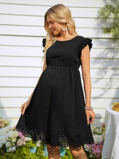 SHEIN 女士纯色圆领短袖优雅刺绣孕妇连衣裙