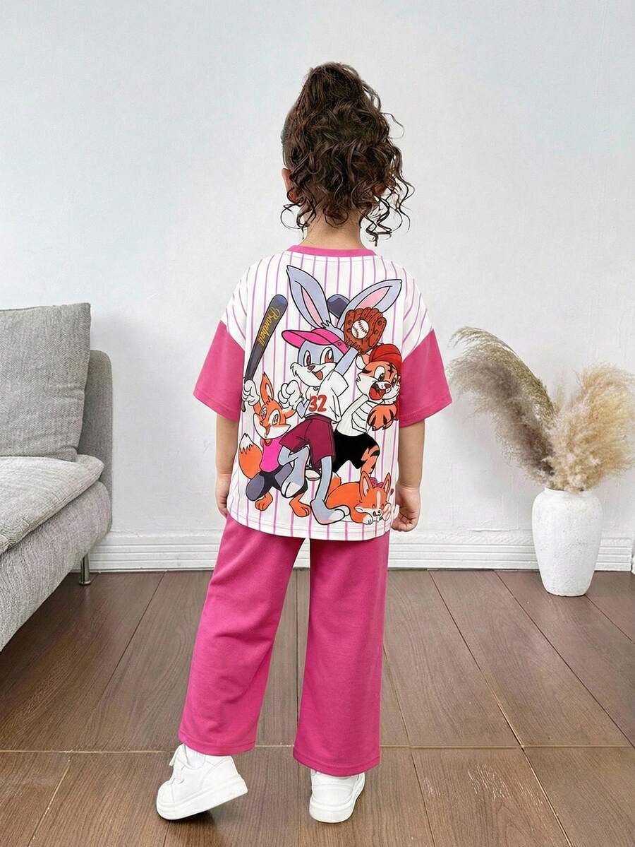 SHEIN 女童休闲舒适宽松卡通印花圆领T恤和裤子套装 - 玫紅色 - 查看 1