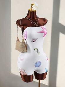 Amplova 2026 New Vacation Strapless Ocean Element Print Strapless Waist-Cinching Women's Jumpsuit - White - View 4