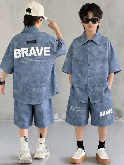 男童休闲韩版宽松短袖Polo衫、短裤和运动裤套装，Y2K风格，适合通勤、上学、家庭聚会、郊游、运动、春夏穿着