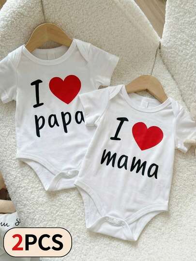 SHEIN 2 Packs Newborn Baby Girls Baby Boys Unisex Infant Toddler "I Love Papa/Mama" Slogan Bodysuits White Short Sleeve Baby Rompers For Newborn,Perfect For Mother's Day, Father's Day, And Everyday Casual Occasions.Suitable For 3M-24M Twin Baby Outfits I Love Mama Papa Baby Outfit Neutral Baby Clothes Unisex Natural Baby Clothes New Born Newborn Knit Outfit Boy Baby Casual Jumpsuit