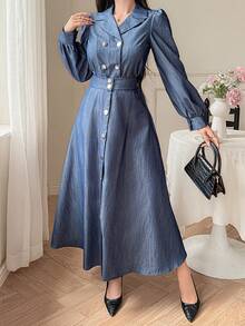 DAZY Women's Double-Breasted Long Sleeve Top And High Waist Midi Skirt Elegant 2 Pieces Set - Blue - View 5