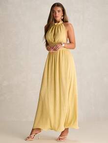 Enchnt Vestido feminino elegante de cor sólida, sem costas e com decote halter, ideal para o verão. - Amarelo - Ver 7