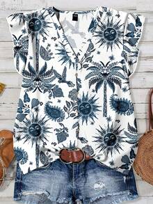 EMERY ROSE Women's Casual Coconut Tree & Sun Print Shirt, Suitable For Summer Vacation - Green - View 5