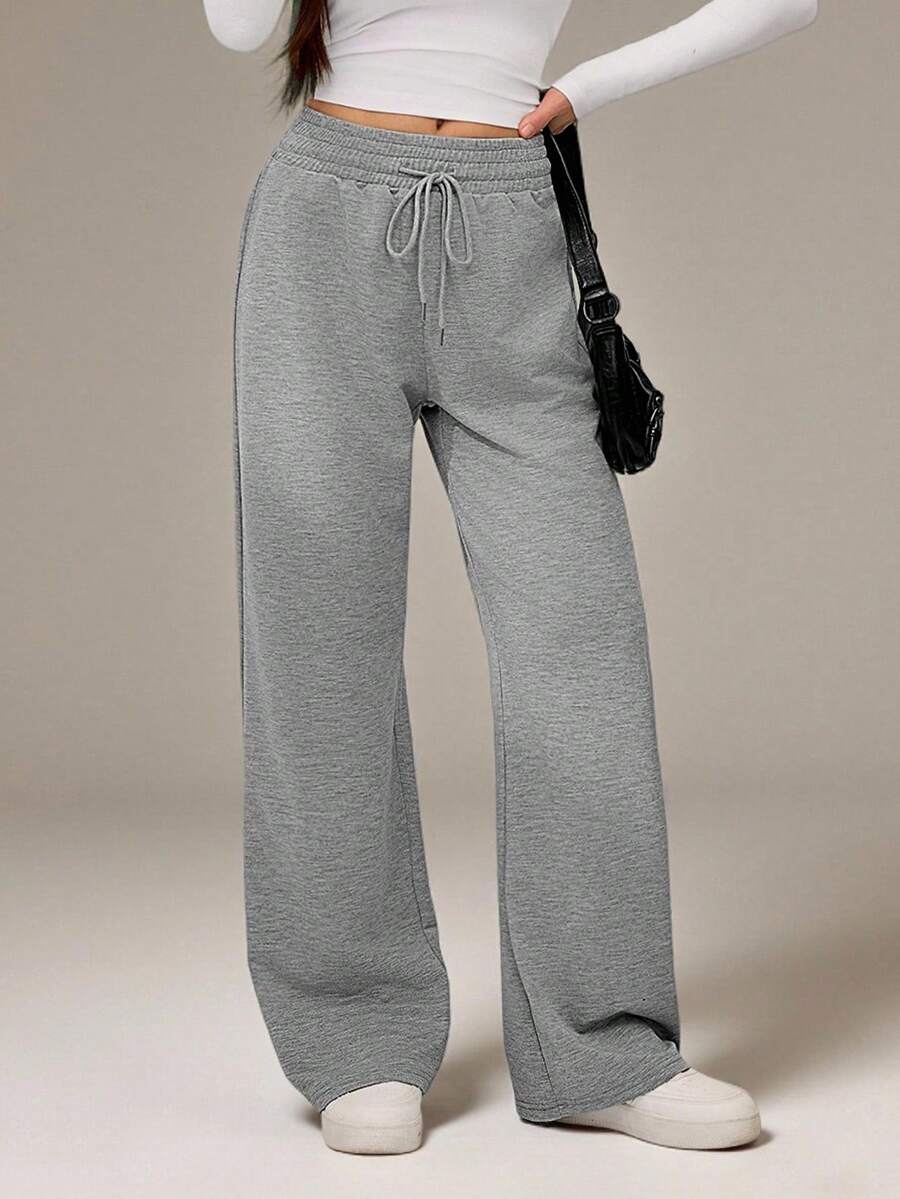 SHEIN Tall Quần nỉ ống rộng màu xám trơn, cạp chun, thích hợp mặc đi học, tốt nghiệp, làm giáo viên, quần nỉ ống rộng thoải mái, quần dệt kim màu xám. - Xám - Xem 1