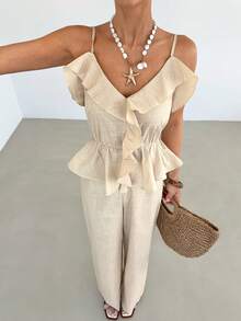 Siren Gaze Conjunto de 2 piezas de camiseta de tirantes con volantes de algodón nuevo para mujer, primavera/verano - Albaricoque - Ver 8
