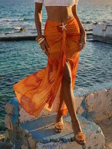 Femesol 女士时尚优雅休闲度假海星印花不对称开衩长裙 - 彩色 - 查看 3