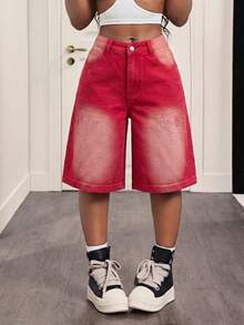 Slaydiva Women's Casual Washed Wide Leg Denim Shorts - Red - View 3