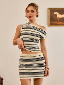 SHEIN Off Sholder Short Sleeve Knit Top And Mini Skirt Summer Knit Set - Black and White - View 4