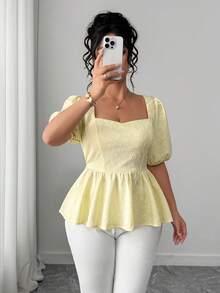 Elenzga Plus Size Women's Yellow Elegant Summer Blouse,French 3D Floral Square Collar Ruched Puff Sleeve Babydoll Top For Party,Vacation,Weddings - Light Yellow - View 5