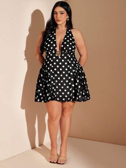 SHEIN BAE Plus Size Women's Halter Tie Elegant Black & White Polka Dot Vacation Dress