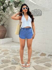 Rivivi 松紧腰牛仔短裤，休闲度假 - 藍色 - 查看 6