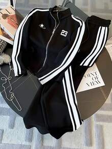 Franclia 女士两件套：修身领开衫外套 + 休闲斜插口袋裤 - 黑色 - 查看 6