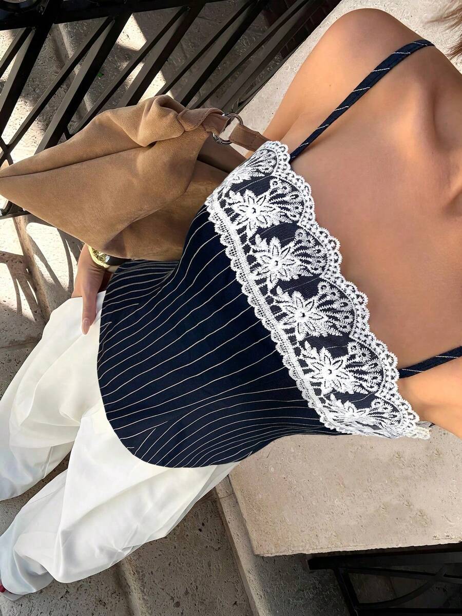Siren Gaze 2025年春夏新款女士蕾丝边吊带背心，独特简约短款露脐吊带背心