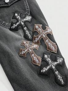 ROMWE J-Fashion Women's Cross & Letter Embroidered Super Low Waist Flare Jeans - Multicolor - View 4
